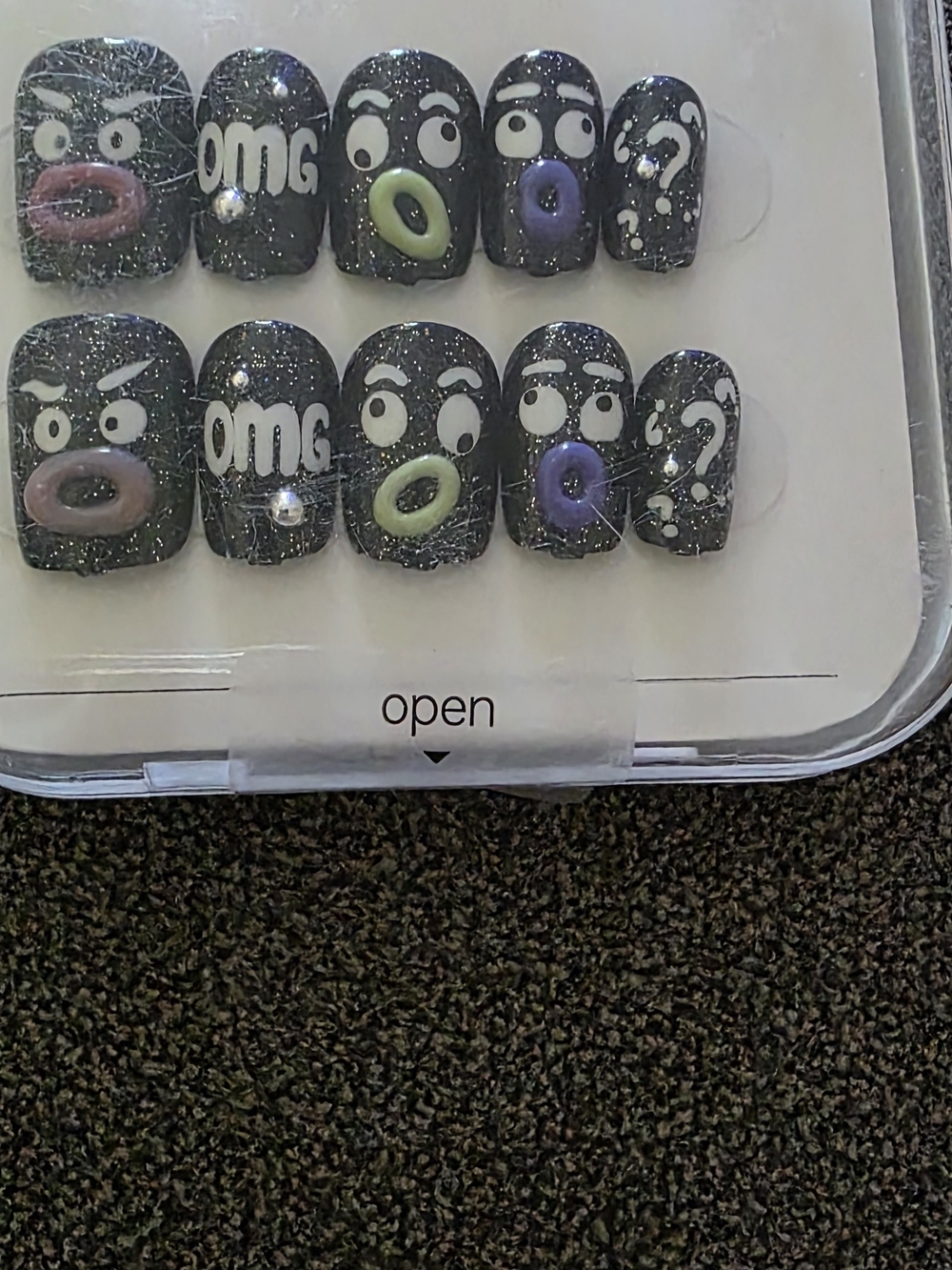 Black Glitter Emoji Press-On Nails Set with Multicolor Accents